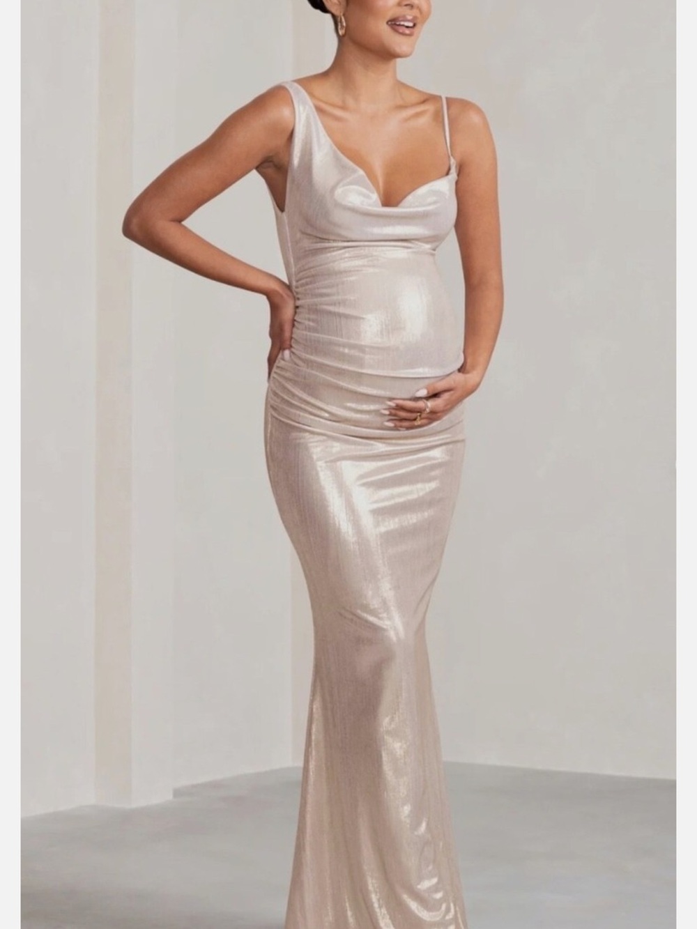 CLUB L LONDON GALAXY SHIMMER GOLD FORMAL MATERNITY COWL NECK MAXI DRESS
